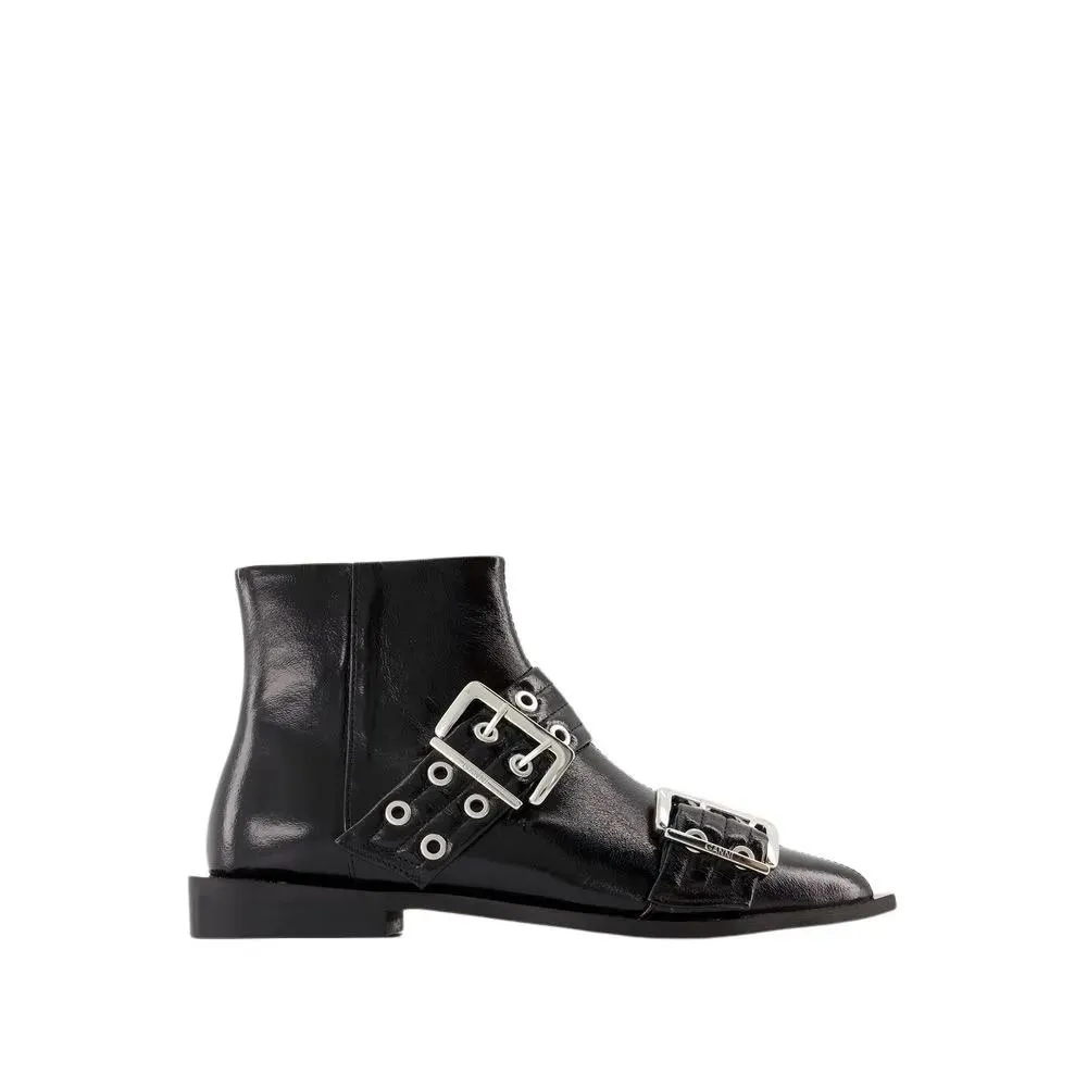   GANNI  Feminine Buckle Ankle Boots - Synthetic Leather -  Black  Stiefel 