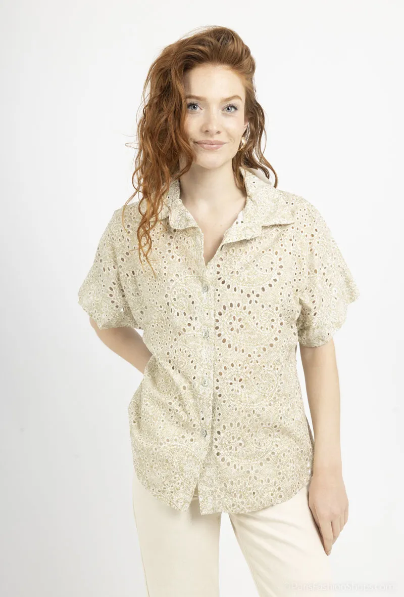 Kurzärmliges Hemd mit Goldprint und Stickerei