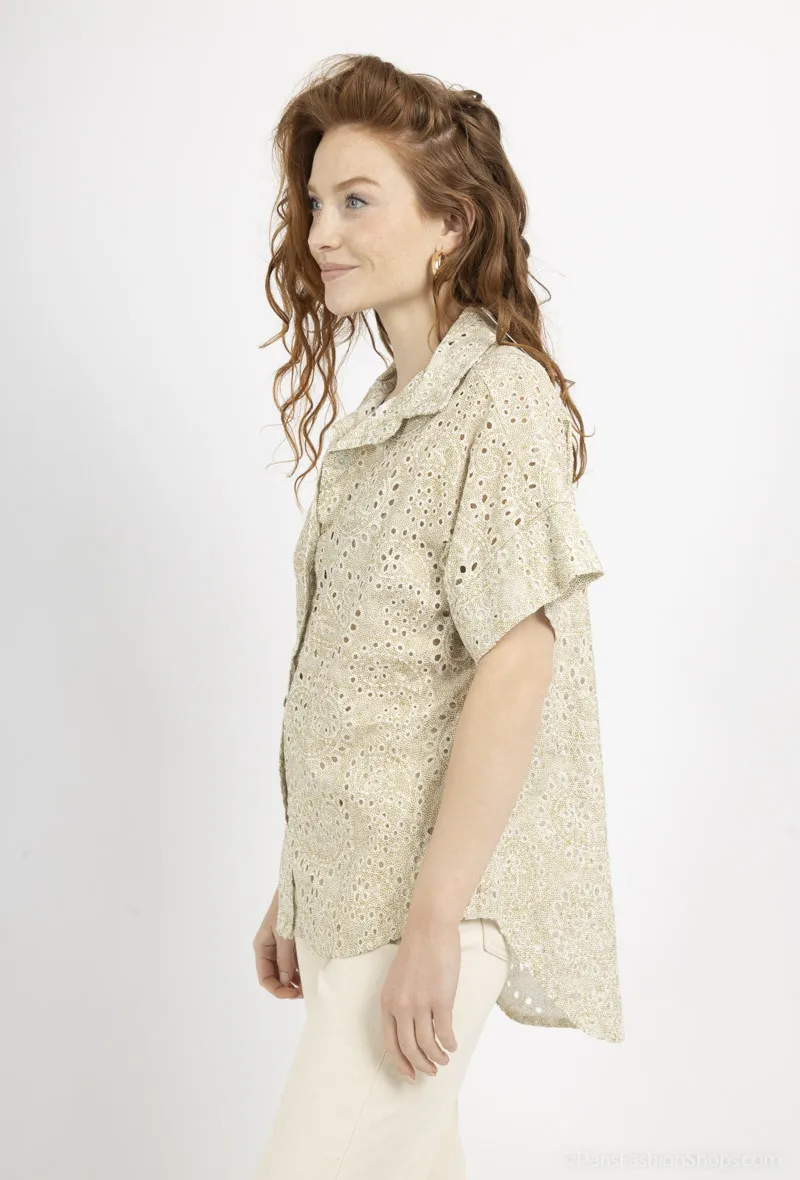 Kurzärmliges Hemd mit Goldprint und Stickerei