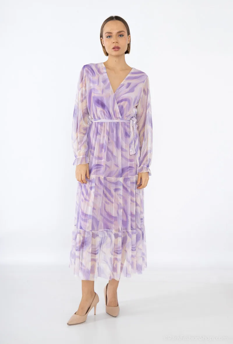 Langes Kleid, bedruckt, lange Ärmel, V-Ausschnitt, mit Gürtel